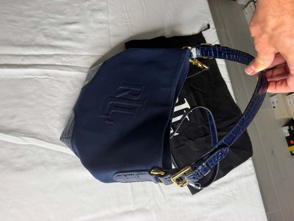 Lauren Ralph Lauren Witley Medium Bucket Bag Navy Canvas Croc Leather MSRP $375 - Picture 6 of 9